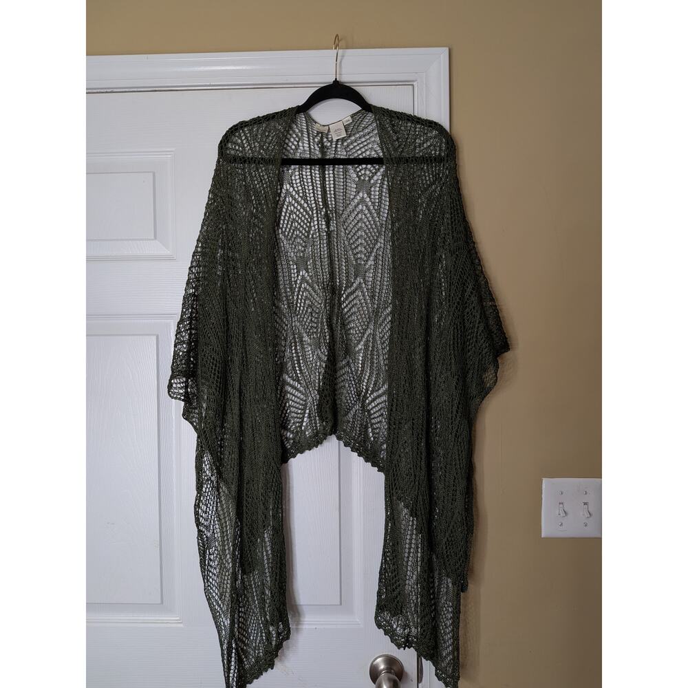 Coldwater Creek Open Knit Crochet Draped Cardigan Shawl One Size Olive Green